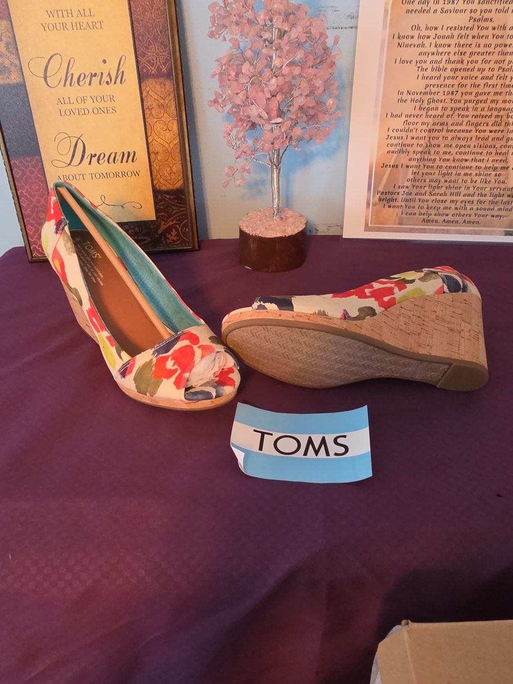TOMS Floral Open-Toe Cork Wedge in Red, Blue, Green